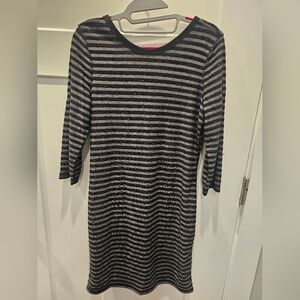Express Sequin Striped Sweater Dress Medium Black Gray 3/4 Sleeve Party Knit